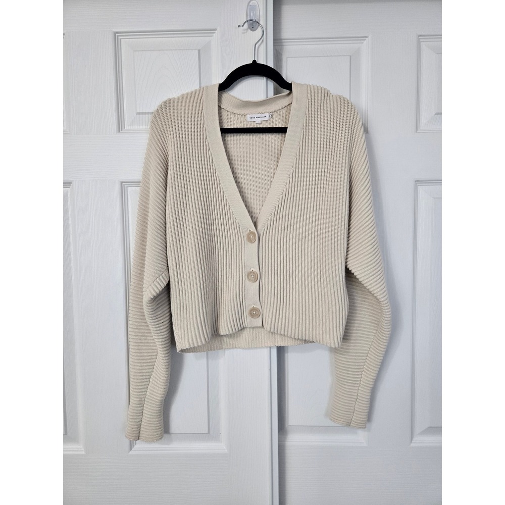 Good American Cream Chunky Ribbed Knit Cropped V-Neck Cardigan Sweater Size 3 L